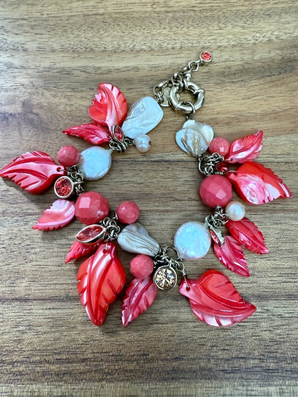Dyrberg/Kern Nobelia Mother of Pearl and Swarovski leaf bracelet in Coral